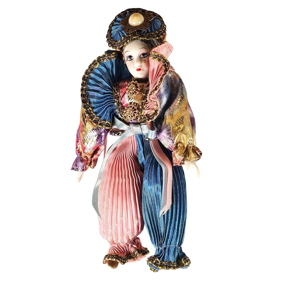 Porcelain Harlequin Clown Doll 10" Masked Face Tear Drop Velvet  Gold Trim Hat
